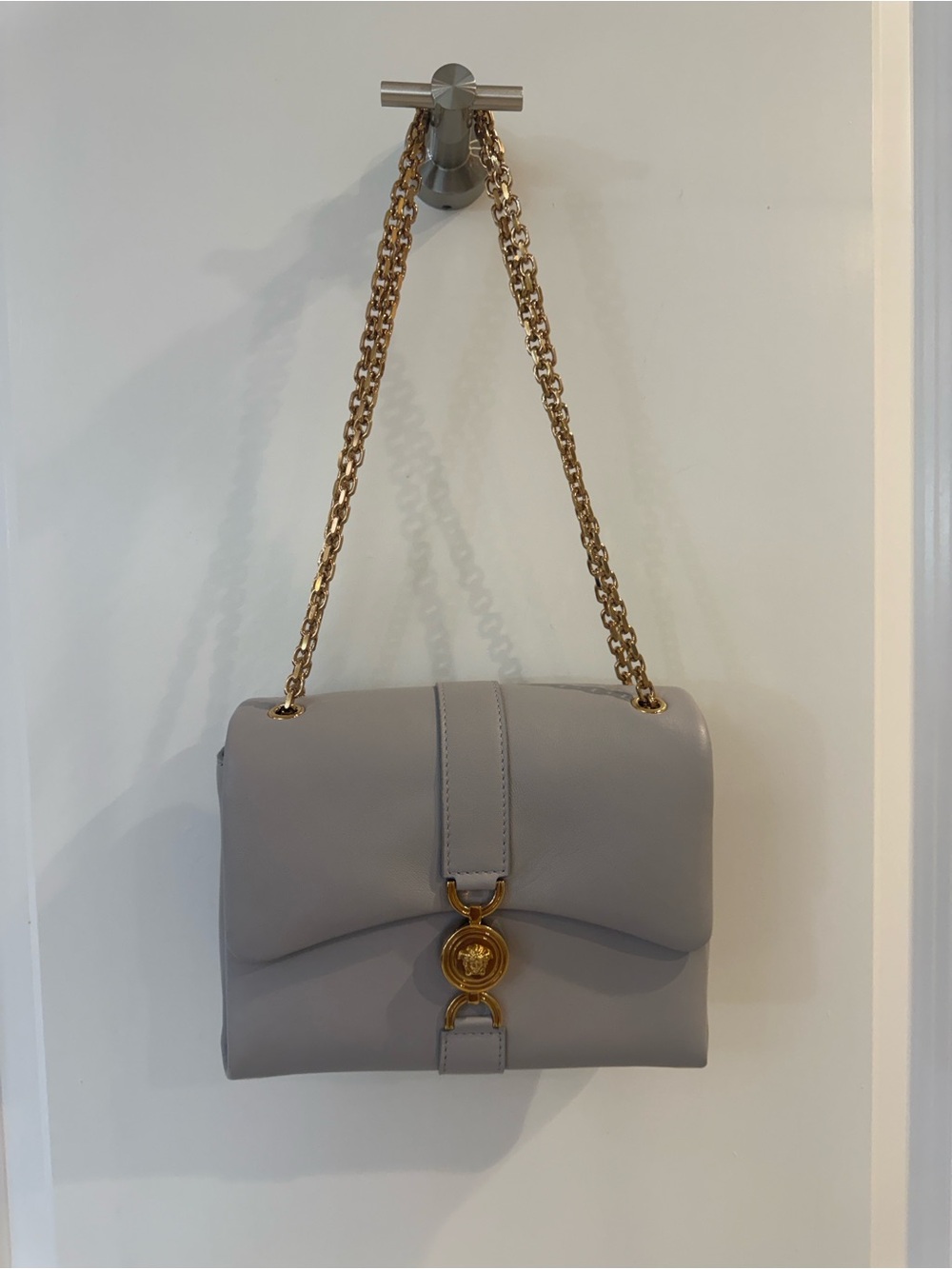 Versace Cream Leather Shoulder Bag with Gold Chain